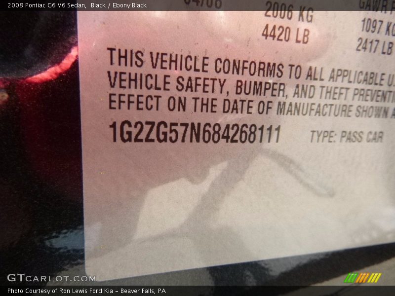 Black / Ebony Black 2008 Pontiac G6 V6 Sedan