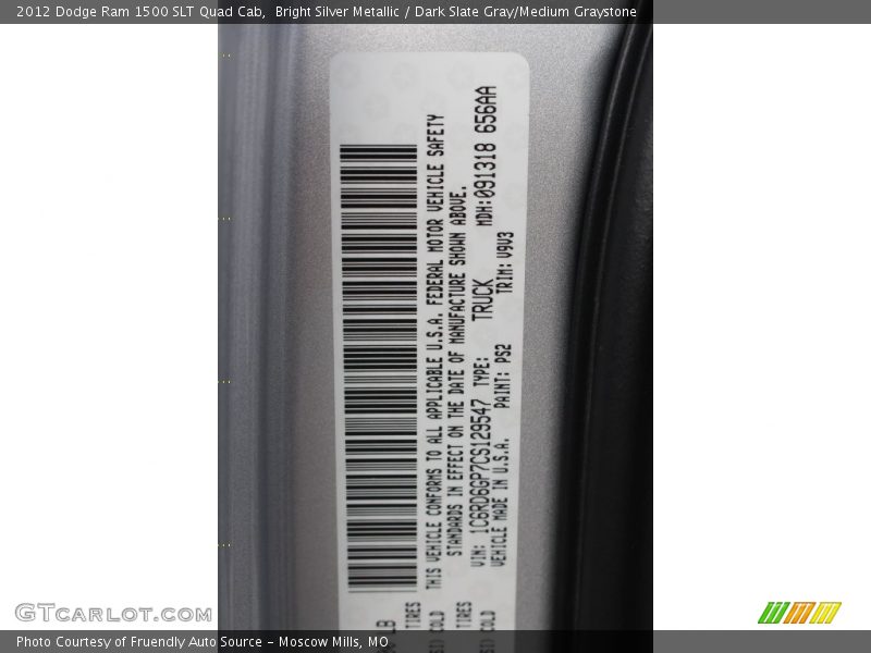 Bright Silver Metallic / Dark Slate Gray/Medium Graystone 2012 Dodge Ram 1500 SLT Quad Cab