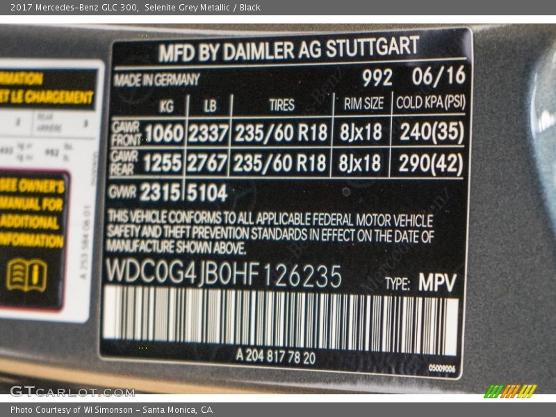 2017 GLC 300 Selenite Grey Metallic Color Code 992