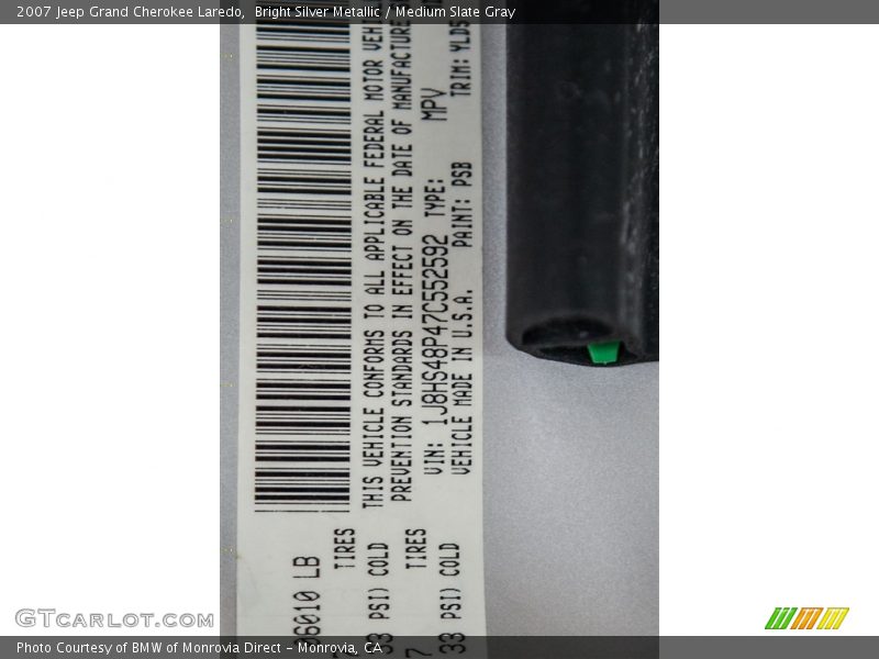 Bright Silver Metallic / Medium Slate Gray 2007 Jeep Grand Cherokee Laredo
