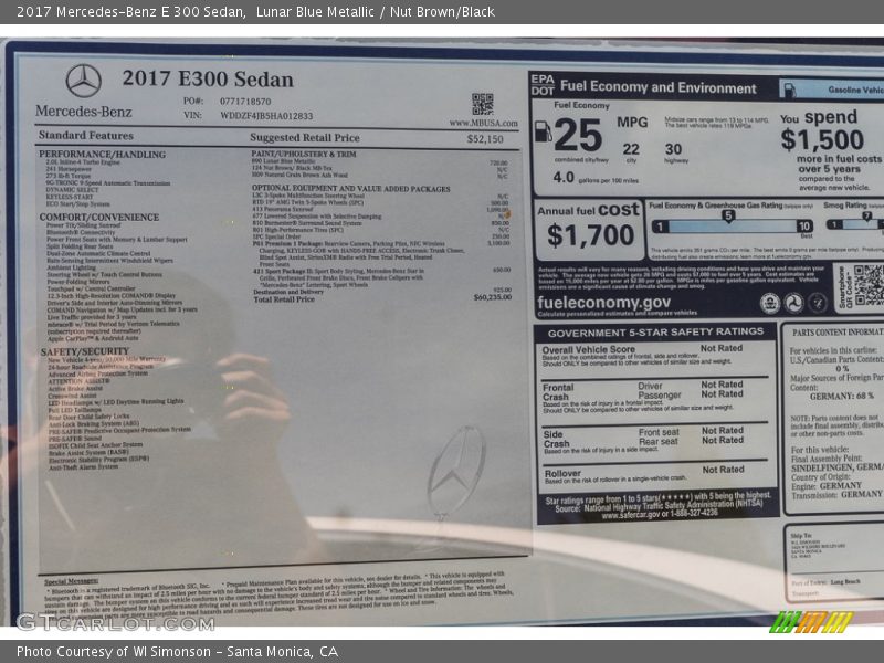 Lunar Blue Metallic / Nut Brown/Black 2017 Mercedes-Benz E 300 Sedan