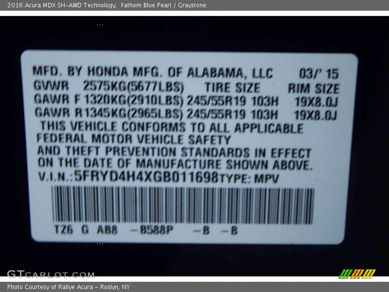 Fathom Blue Pearl / Graystone 2016 Acura MDX SH-AWD Technology