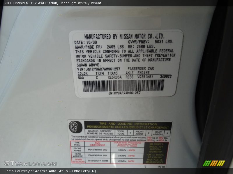 Moonlight White / Wheat 2010 Infiniti M 35x AWD Sedan