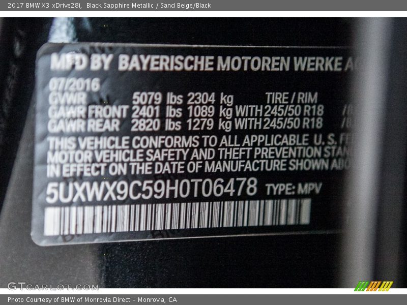 Black Sapphire Metallic / Sand Beige/Black 2017 BMW X3 xDrive28i