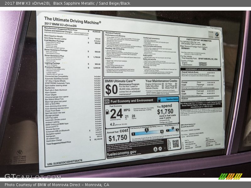 Black Sapphire Metallic / Sand Beige/Black 2017 BMW X3 xDrive28i