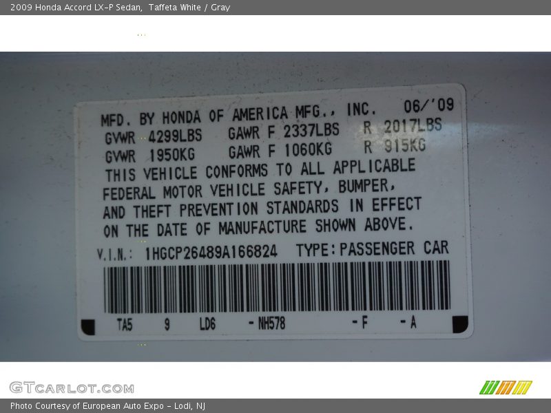 Taffeta White / Gray 2009 Honda Accord LX-P Sedan