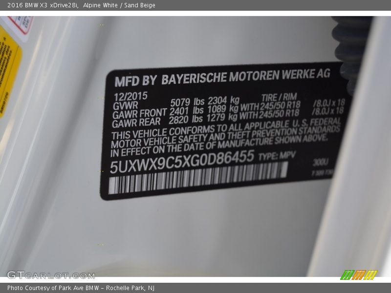 2016 X3 xDrive28i Alpine White Color Code 300