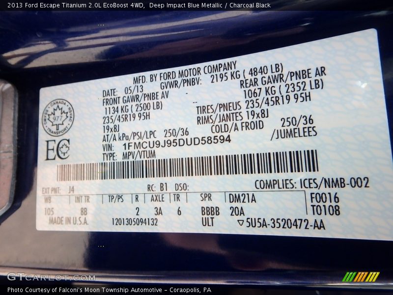 Deep Impact Blue Metallic / Charcoal Black 2013 Ford Escape Titanium 2.0L EcoBoost 4WD