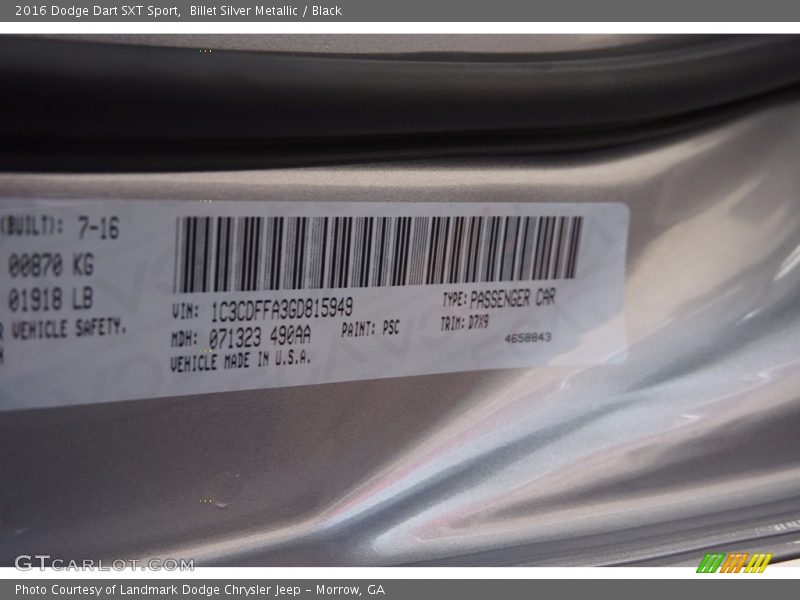 Billet Silver Metallic / Black 2016 Dodge Dart SXT Sport