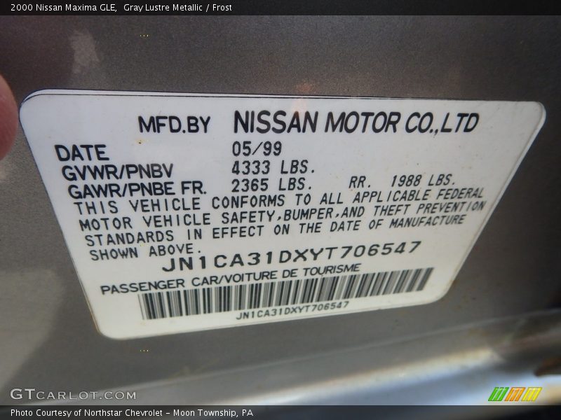 Gray Lustre Metallic / Frost 2000 Nissan Maxima GLE