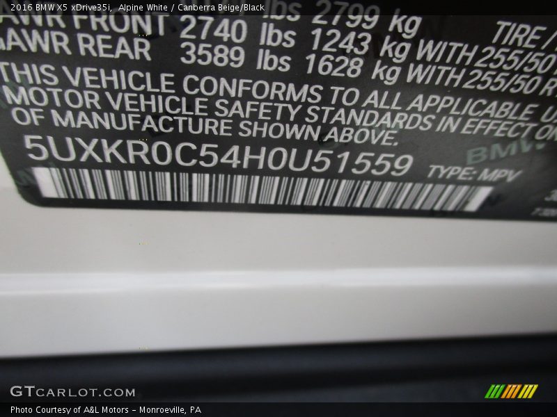 Alpine White / Canberra Beige/Black 2016 BMW X5 xDrive35i