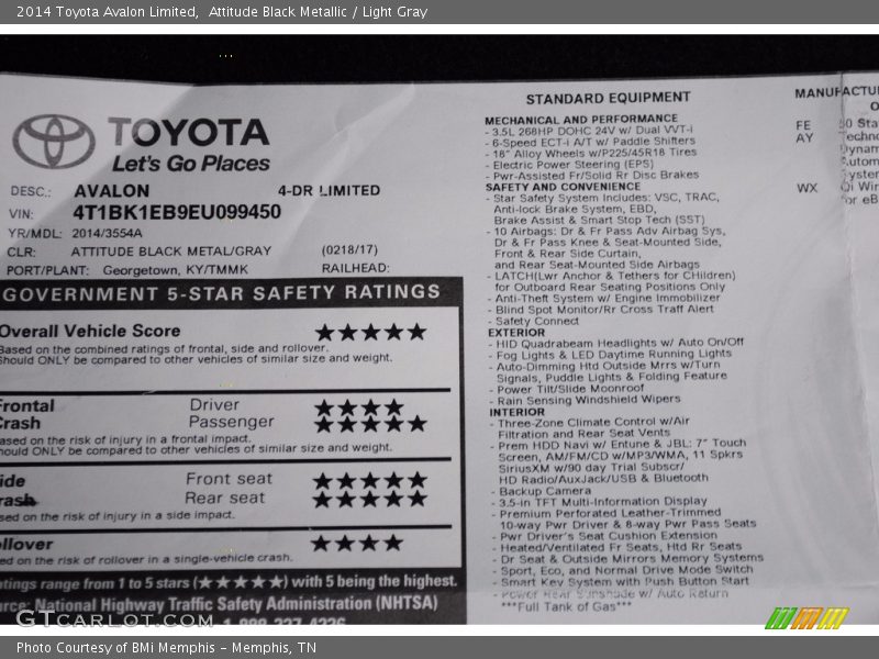 Attitude Black Metallic / Light Gray 2014 Toyota Avalon Limited