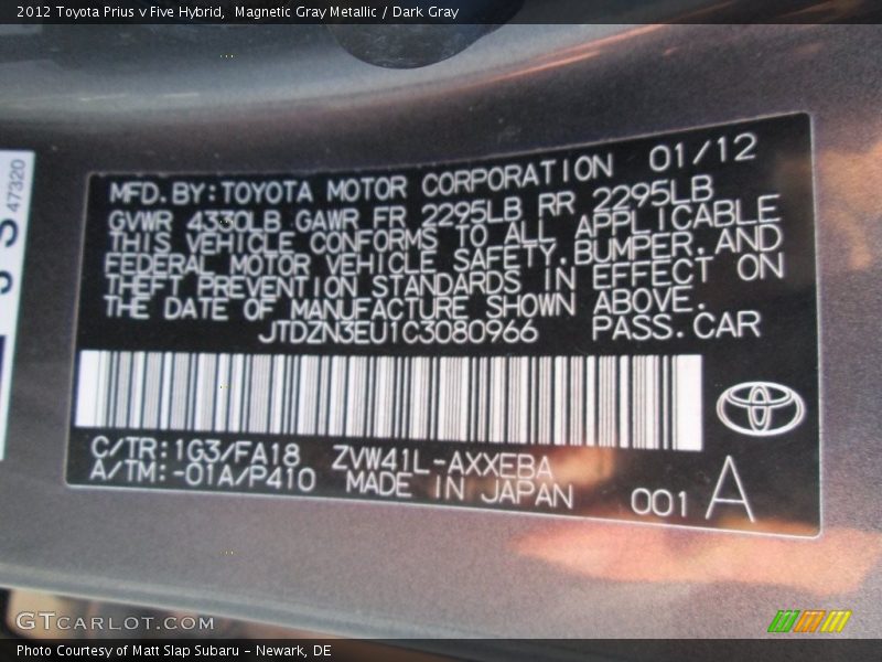 Magnetic Gray Metallic / Dark Gray 2012 Toyota Prius v Five Hybrid