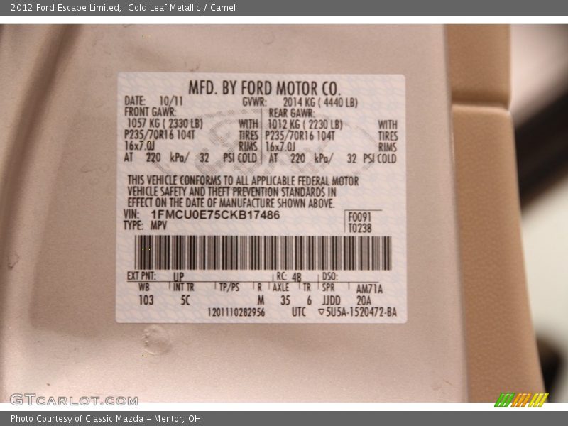 Gold Leaf Metallic / Camel 2012 Ford Escape Limited