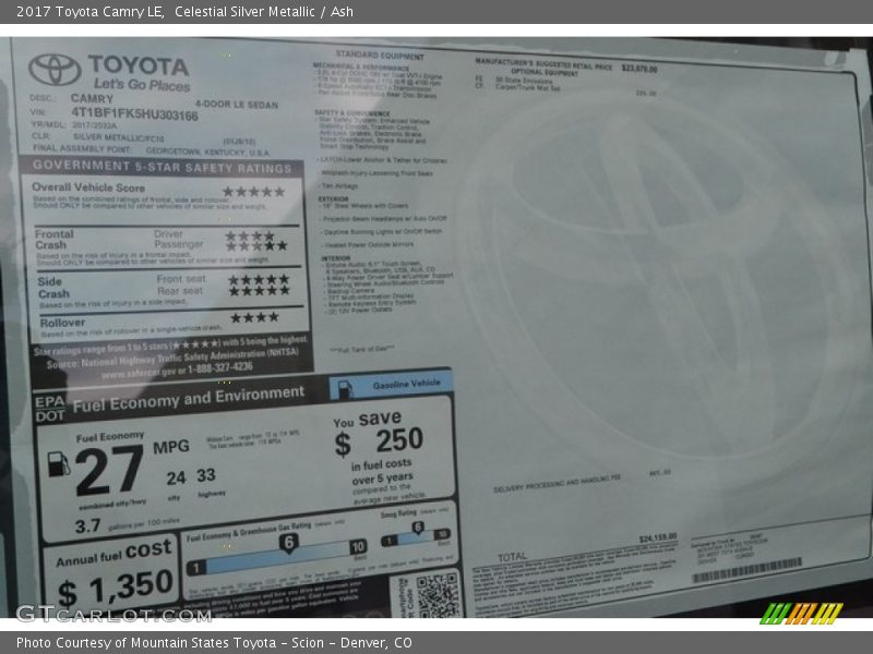  2017 Camry LE Window Sticker