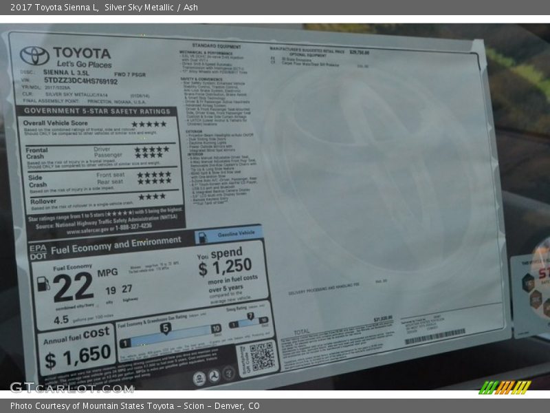  2017 Sienna L Window Sticker