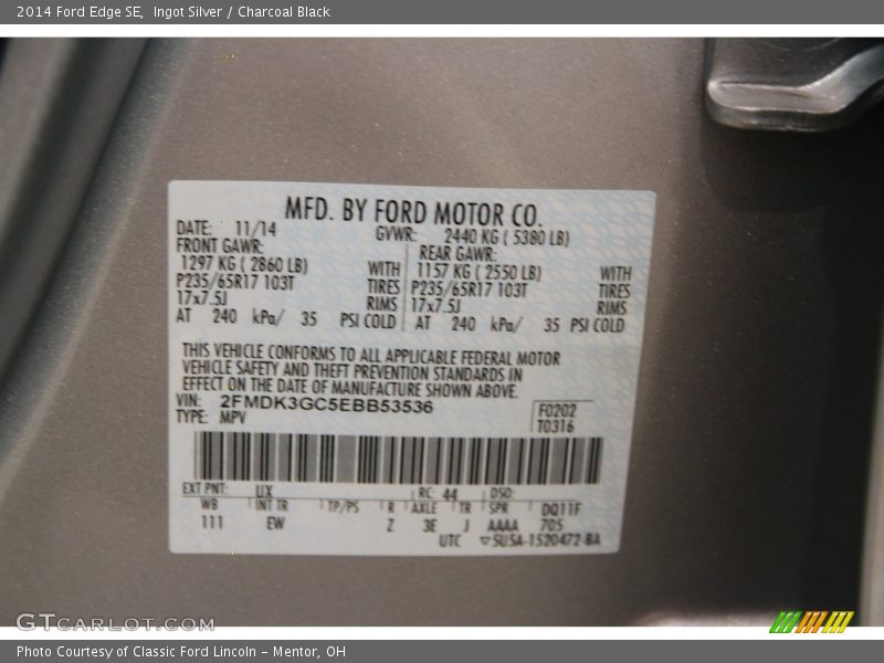 Ingot Silver / Charcoal Black 2014 Ford Edge SE