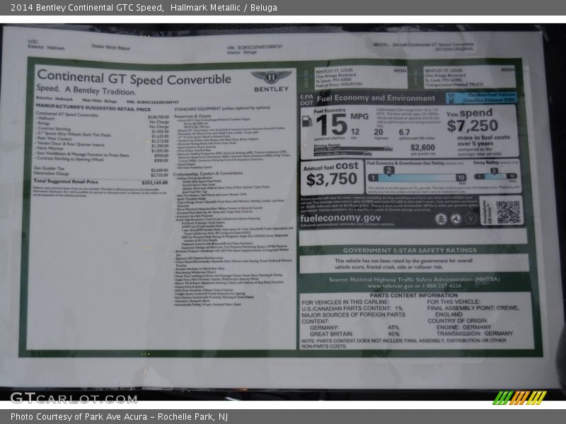 2014 Continental GTC Speed Window Sticker
