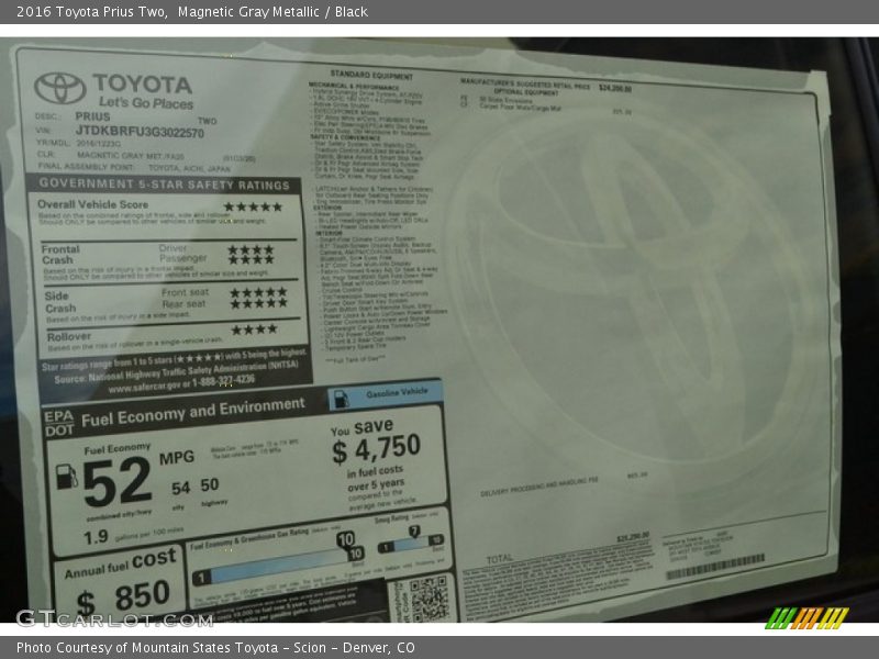 Magnetic Gray Metallic / Black 2016 Toyota Prius Two
