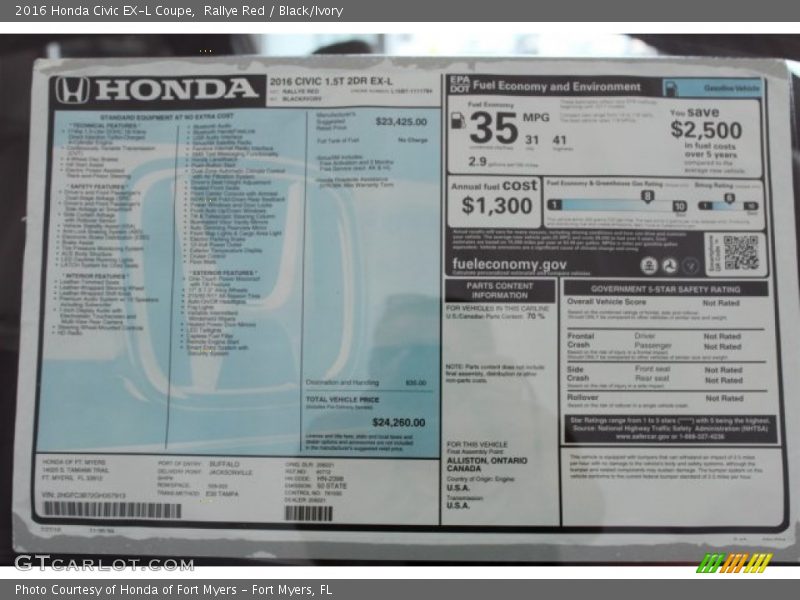 Rallye Red / Black/Ivory 2016 Honda Civic EX-L Coupe