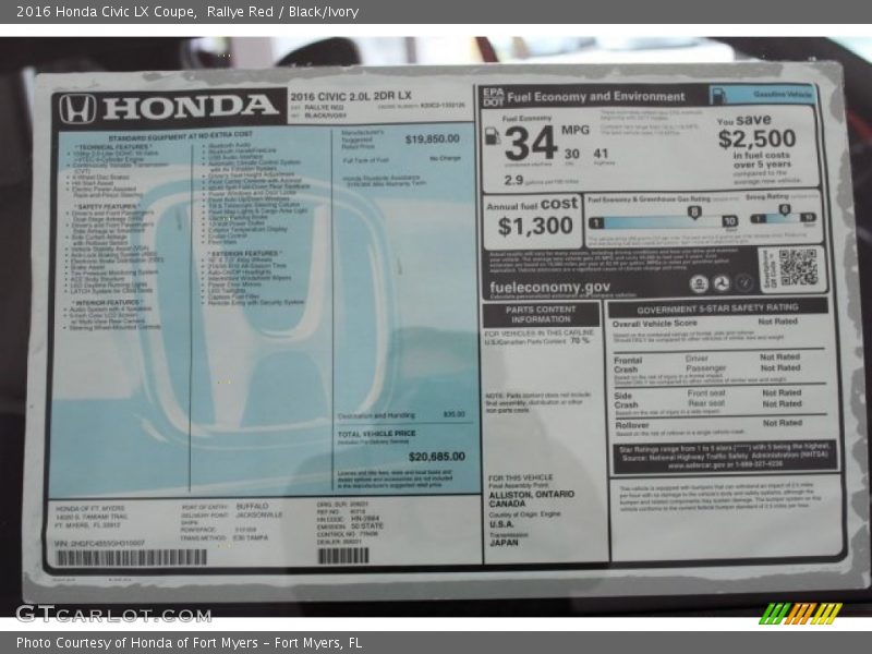  2016 Civic LX Coupe Window Sticker