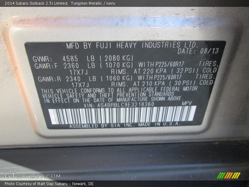 Tungsten Metallic / Ivory 2014 Subaru Outback 2.5i Limited