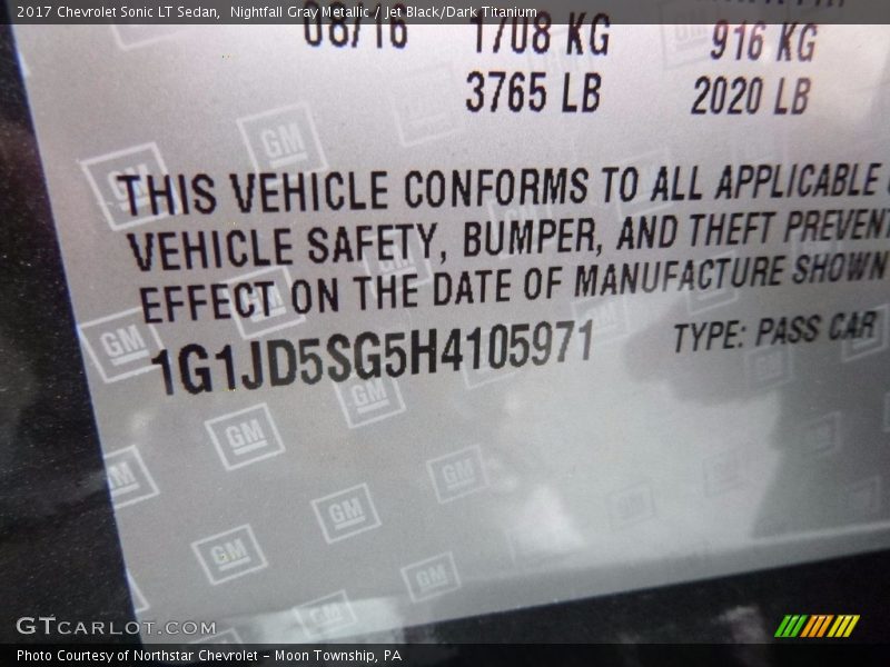 Nightfall Gray Metallic / Jet Black/Dark Titanium 2017 Chevrolet Sonic LT Sedan