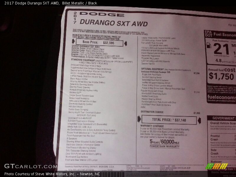 Billet Metallic / Black 2017 Dodge Durango SXT AWD