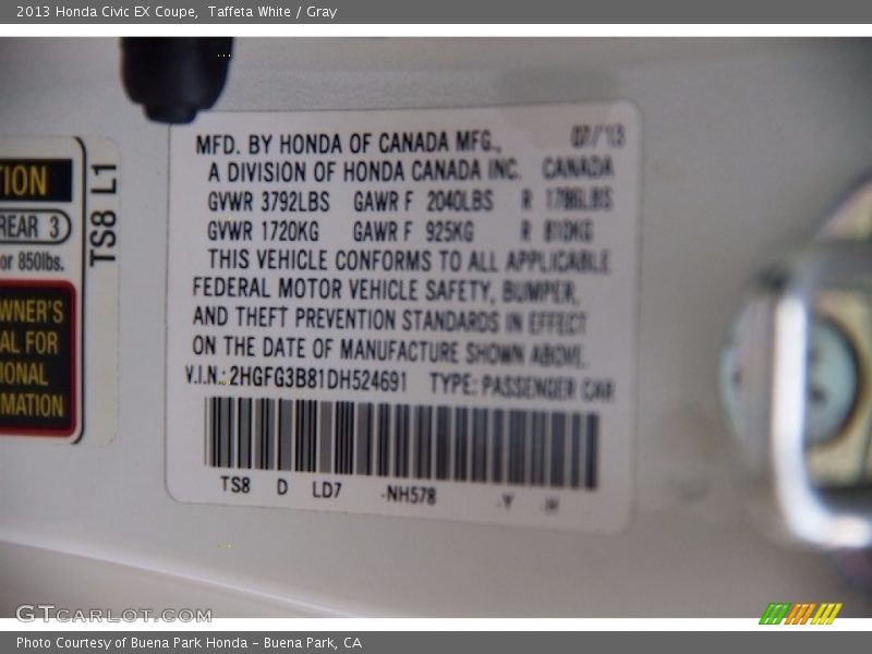Taffeta White / Gray 2013 Honda Civic EX Coupe