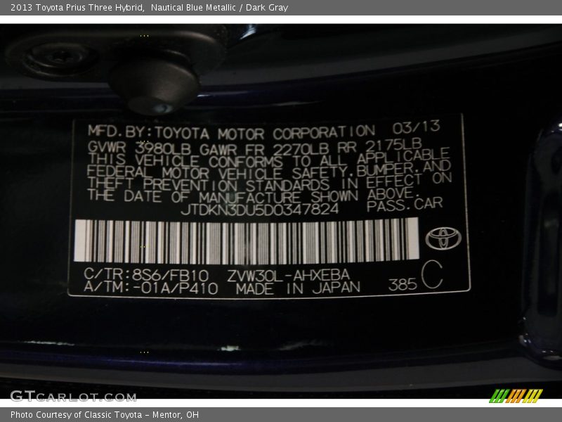 Nautical Blue Metallic / Dark Gray 2013 Toyota Prius Three Hybrid