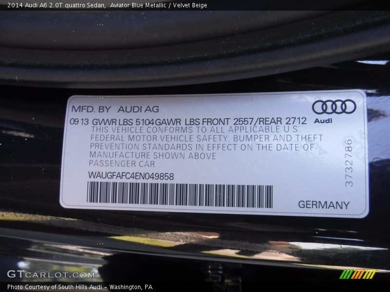 Aviator Blue Metallic / Velvet Beige 2014 Audi A6 2.0T quattro Sedan