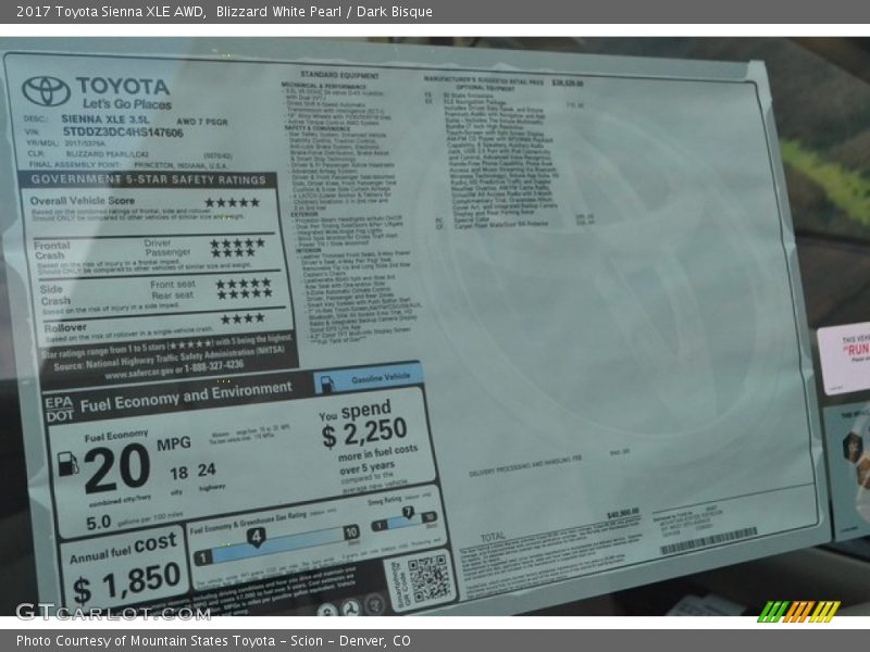  2017 Sienna XLE AWD Window Sticker