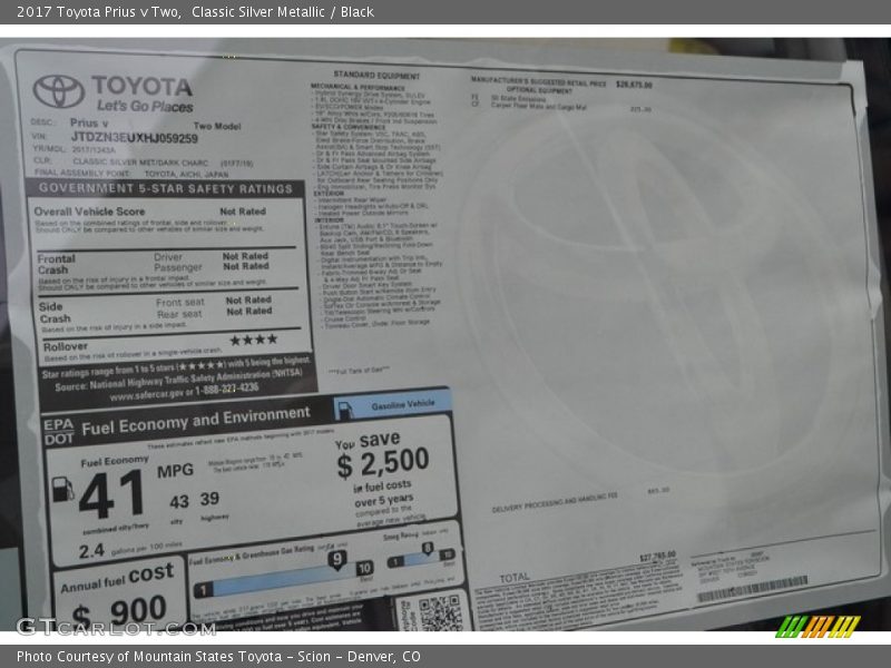  2017 Prius v Two Window Sticker