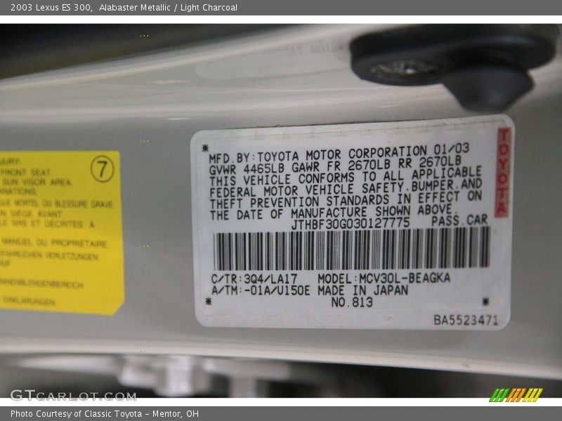 Alabaster Metallic / Light Charcoal 2003 Lexus ES 300