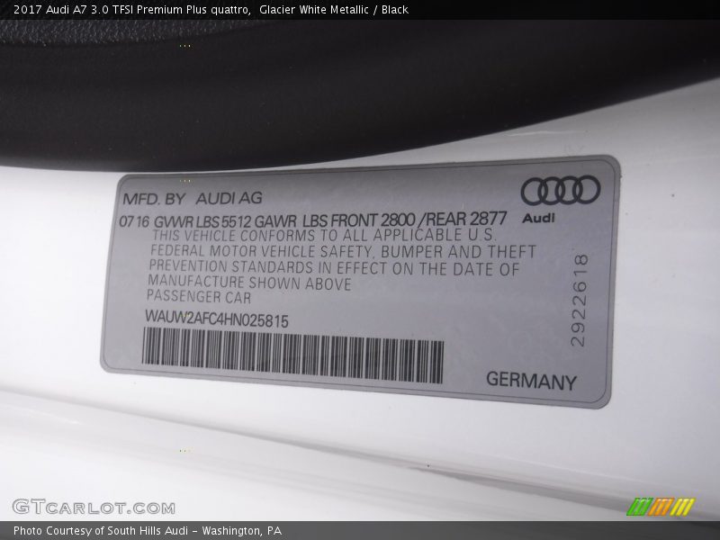 Glacier White Metallic / Black 2017 Audi A7 3.0 TFSI Premium Plus quattro