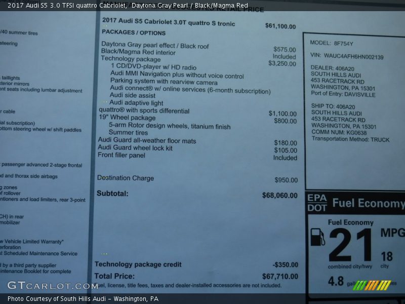  2017 S5 3.0 TFSI quattro Cabriolet Window Sticker