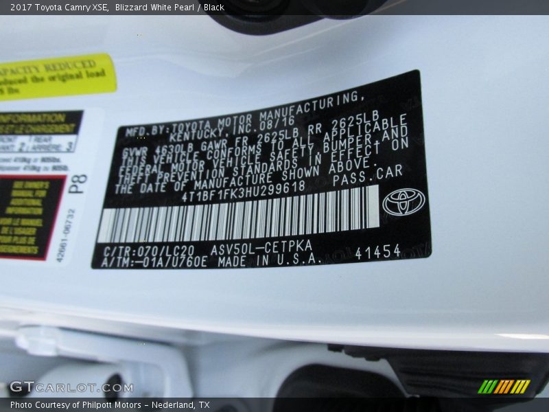 2017 Camry XSE Blizzard White Pearl Color Code 070