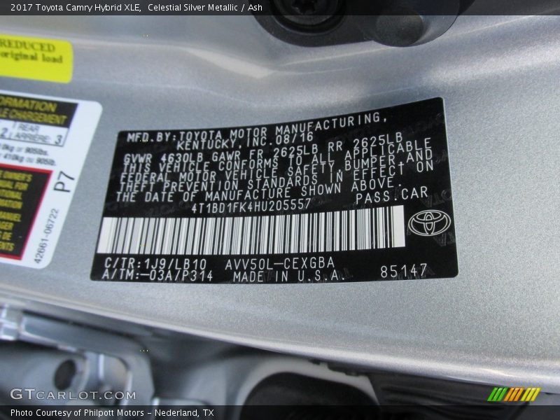 2017 Camry Hybrid XLE Celestial Silver Metallic Color Code 1J9