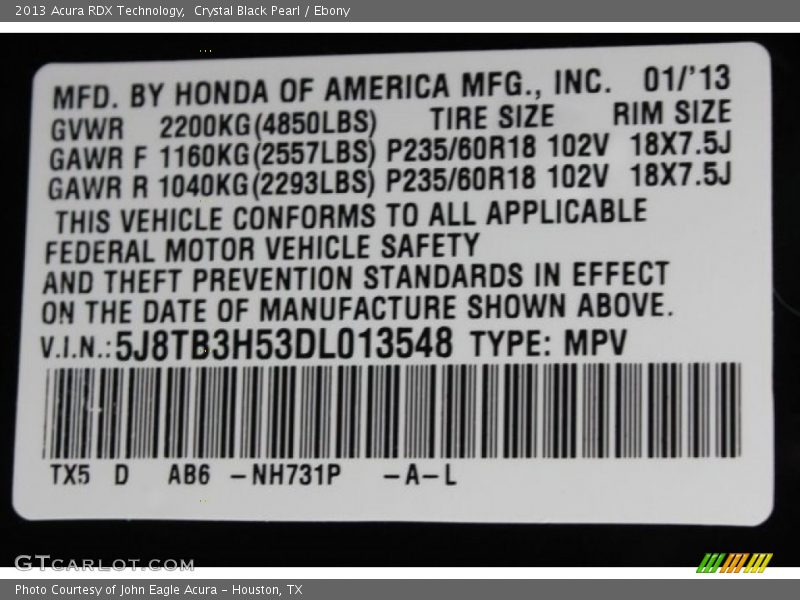 Crystal Black Pearl / Ebony 2013 Acura RDX Technology