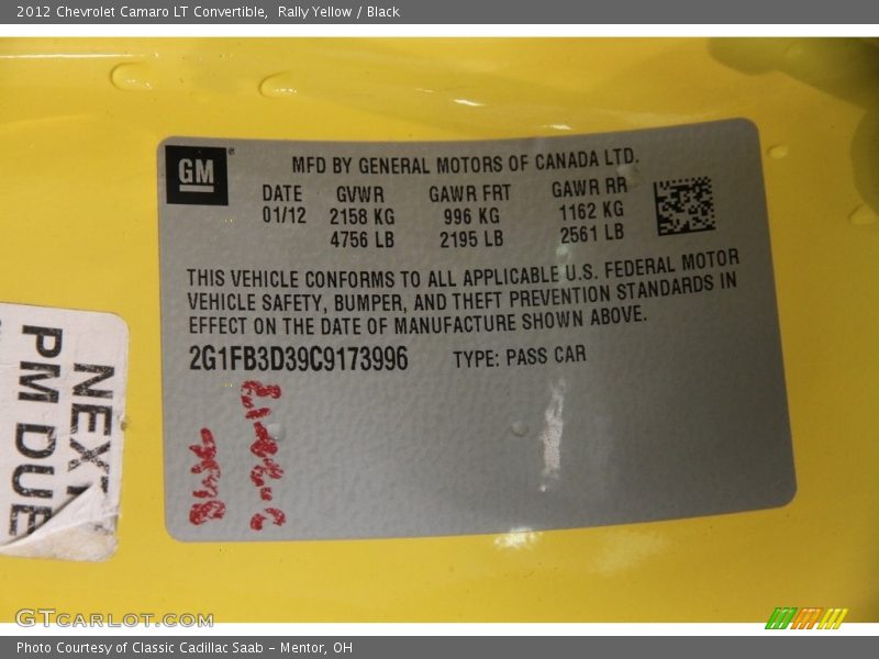 Rally Yellow / Black 2012 Chevrolet Camaro LT Convertible