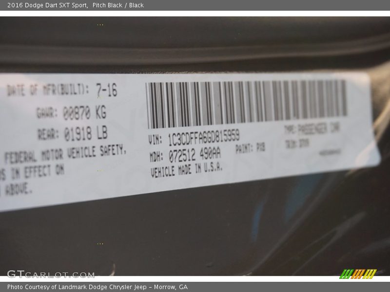 Pitch Black / Black 2016 Dodge Dart SXT Sport