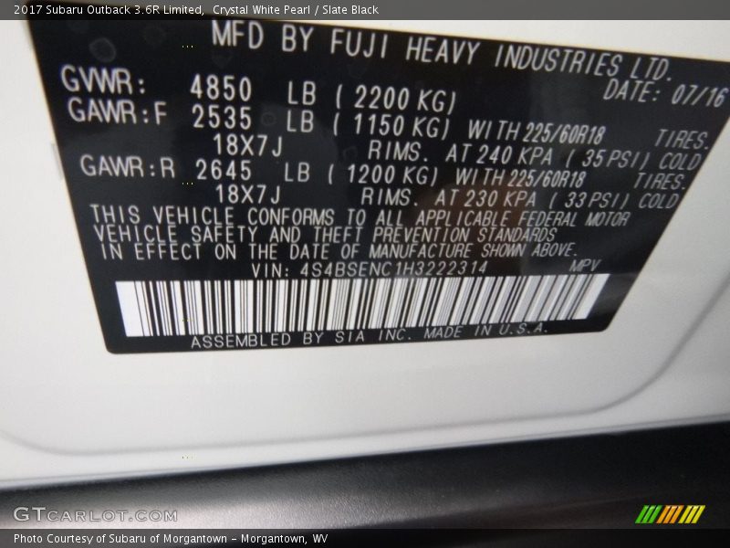 Crystal White Pearl / Slate Black 2017 Subaru Outback 3.6R Limited