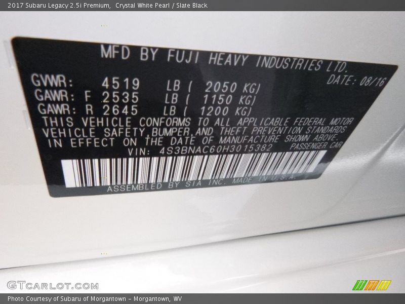 Crystal White Pearl / Slate Black 2017 Subaru Legacy 2.5i Premium