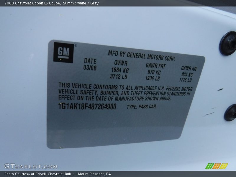 Summit White / Gray 2008 Chevrolet Cobalt LS Coupe