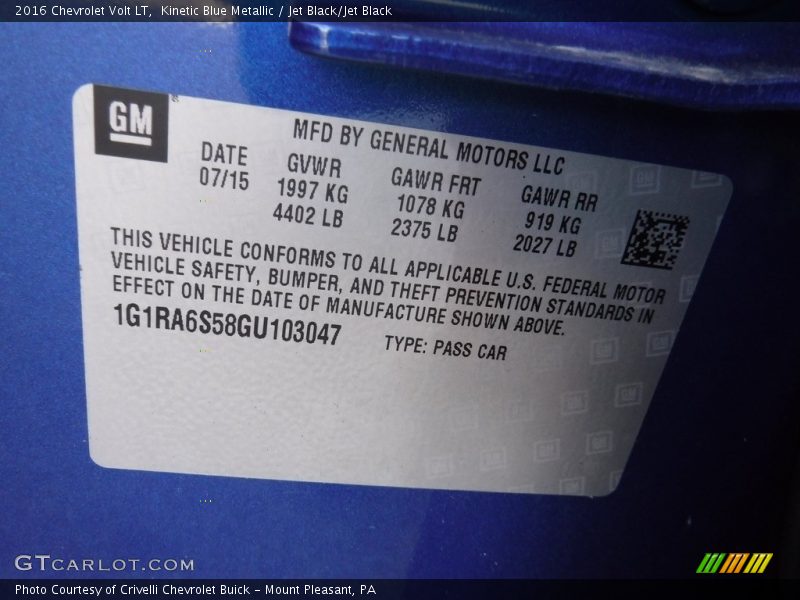 Info Tag of 2016 Volt LT
