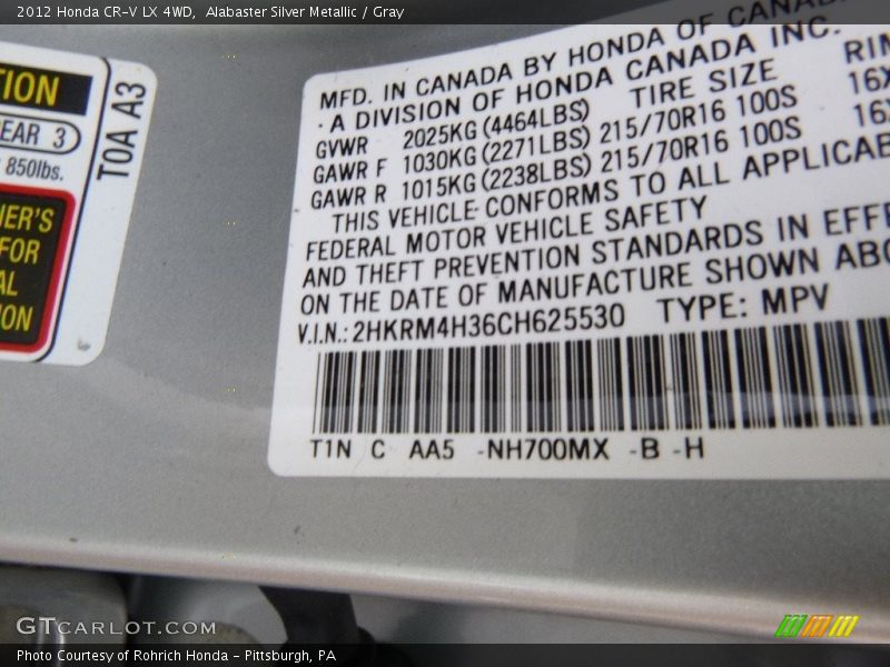 Alabaster Silver Metallic / Gray 2012 Honda CR-V LX 4WD
