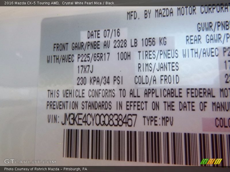 Crystal White Pearl Mica / Black 2016 Mazda CX-5 Touring AWD