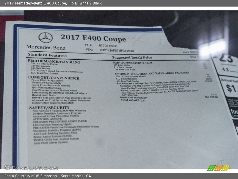  2017 E 400 Coupe Window Sticker