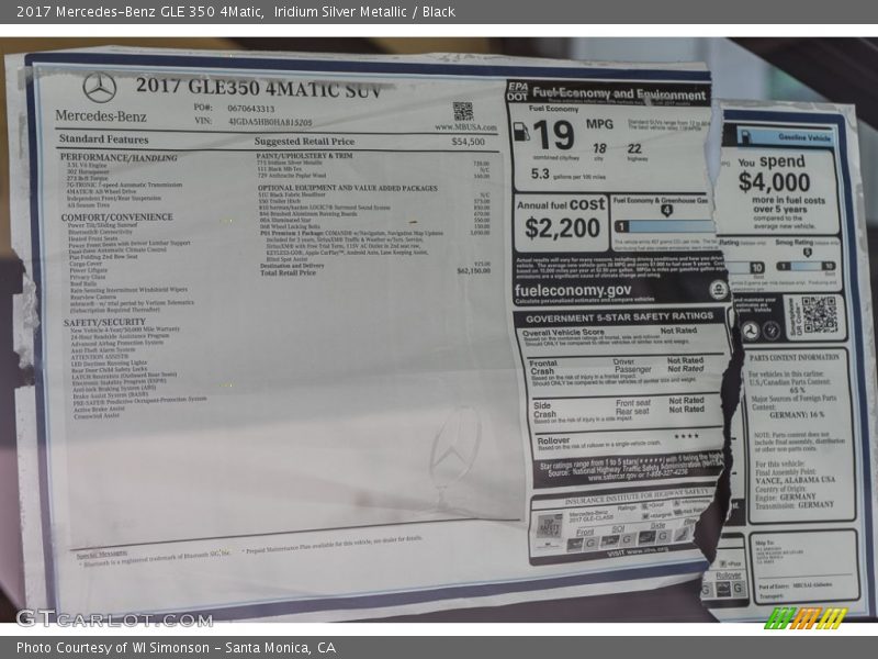  2017 GLE 350 4Matic Window Sticker