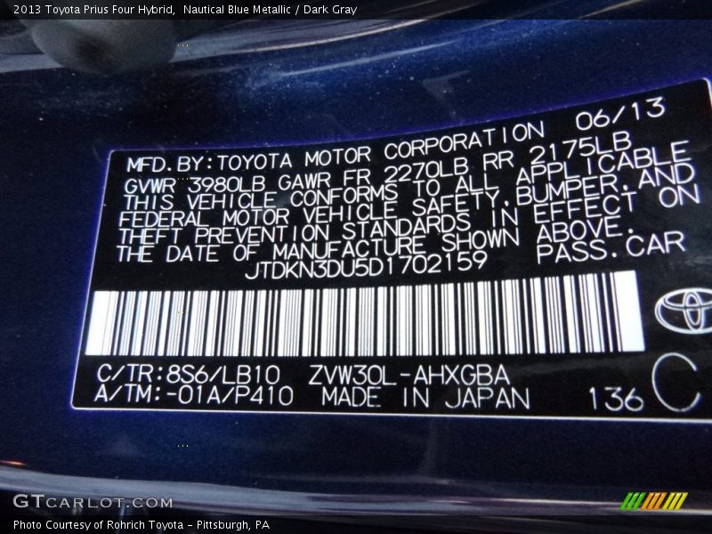 Nautical Blue Metallic / Dark Gray 2013 Toyota Prius Four Hybrid
